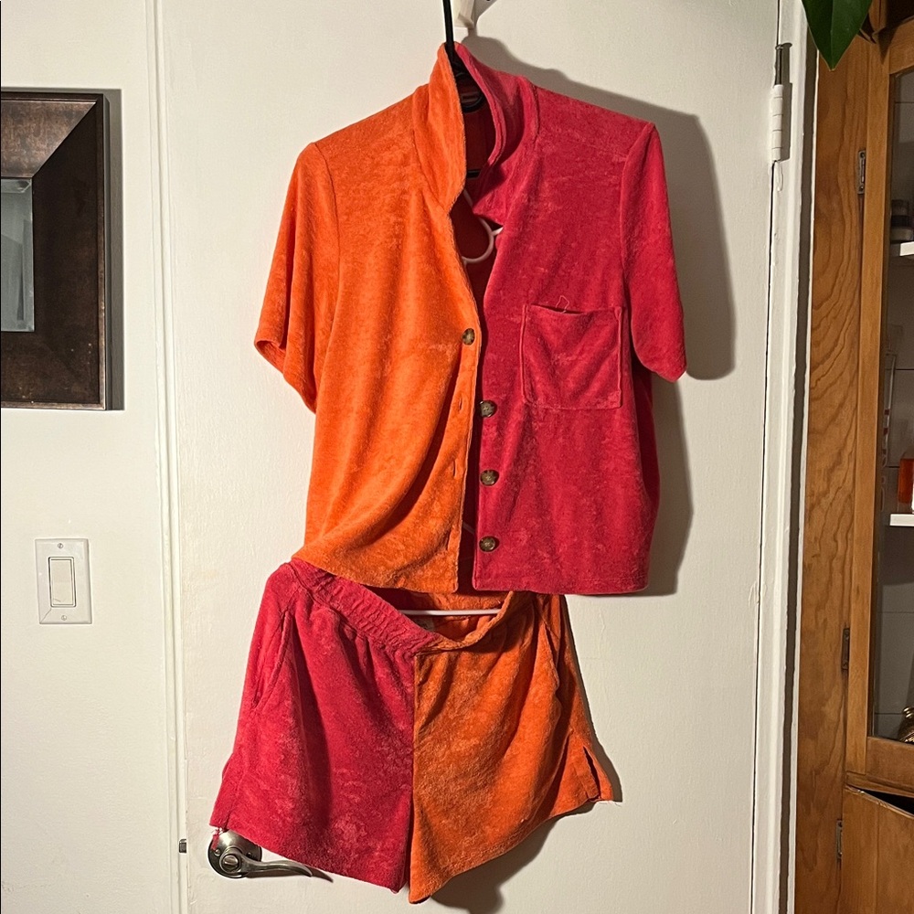 Marine Layer Terry Out Resort Shirt, Hot Coral Colorblock, Size M